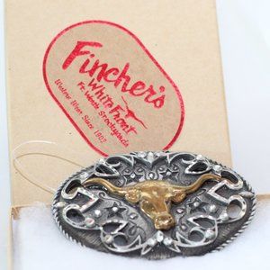 VTG  LG Two Toned Longhorn Belt Buckle & Box